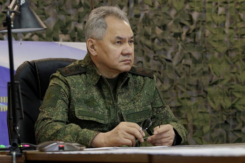 &copy; Reuters. Russia's Defence Minister Sergei Shoigu chairs a meeting during what the defence ministry said to be an inspection of a forward command post of Russian armed forces deployed in Ukraine, at an unknown location in the course of Russia-Ukraine conflict, in t