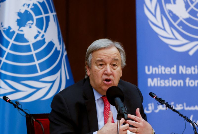 &copy; Reuters. Le Secrétaire général des Nations Unies, Antonio Guterres, tient une conférence de presse à Bagdad, en Irak. /Photo prise le 1er mars 2023/REUTERS/Ahmed Saad