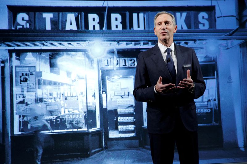 &copy; Reuters. FILE PHOTO: Starbucks Chairman and CEO Howard Schultz delivers remarks at the Starbucks 2016 Investor Day in Manhattan, New York, U.S., December 7, 2016. REUTERS/Andrew Kelly/File Photo