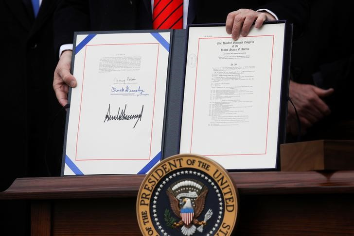 © Reuters. U.S. President Donald Trump shows off the United States-Mexico-Canada Trade Agreement (USMCA) after signing it on the South Lawn of the White House in Washington, U.S., January 29, 2020. REUTERS/Leah Millis