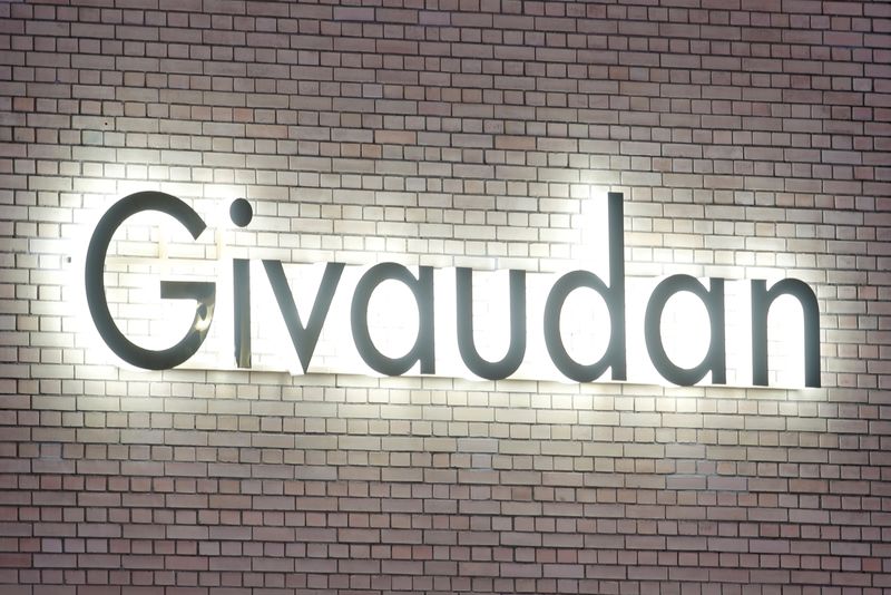 &copy; Reuters. FILE PHOTO: The logo of Swiss flavours and fragrances maker Givaudan is seen at its innovation center in Kemptthal, Switzerland January 10, 2020.    REUTERS/Arnd Wiegmann