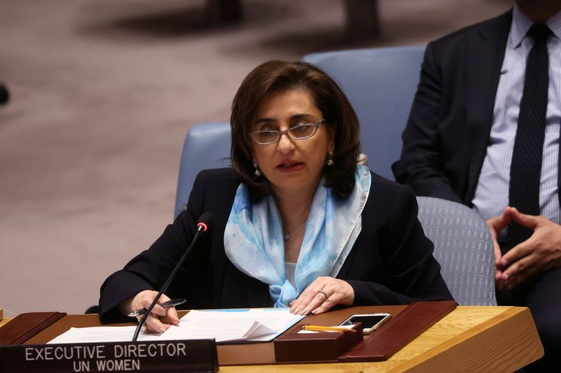 &copy; Reuters. FILE PHOTO-Sima Bahous, Executive Director of UN Women, speaks during the United Nations Security Council meeting on the situation amid Russia's invasion of Ukraine with a focus on women, at the United Nations Headquarters in Manhattan, New York City, New