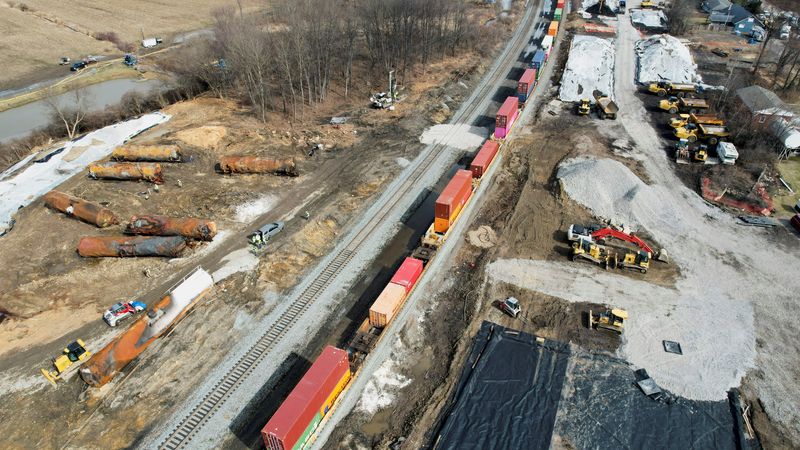 &copy; Reuters. FILE PHOTO: General view of the site of the derailment of a train carrying hazardous waste, in East Palestine, Ohio, U.S., March 2, 2023.  REUTERS/Alan Freed