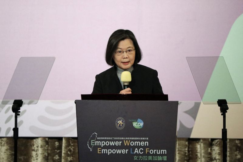 &copy; Reuters. FILE PHOTO: Taiwan President Tsai Ing-wen speaks at the opening ceremony of the Empower Women Empower LAC Forum in Taipei, Taiwan February 15, 2023. REUTERS/I-Hwa Cheng