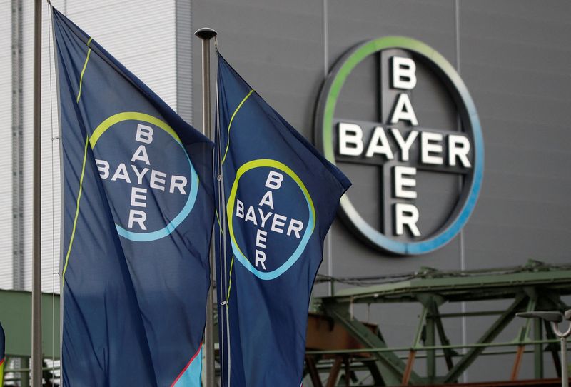 &copy; Reuters. FILE PHOTO: Logo and flags of Bayer AG are pictured outside a plant of the German pharmaceutical and chemical maker in Wuppertal, Germany August 9, 2019. REUTERS/Wolfgang Rattay