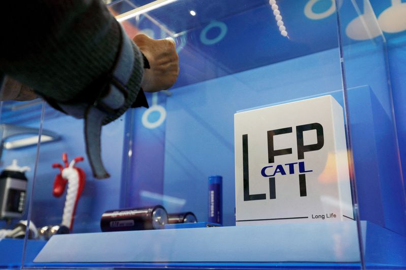 &copy; Reuters. FILE PHOTO: The logo of Chinese battery maker CATL is seen among a display of batteries at an exhibition in Beijing, China October 12, 2022. REUTERS/Florence Lo