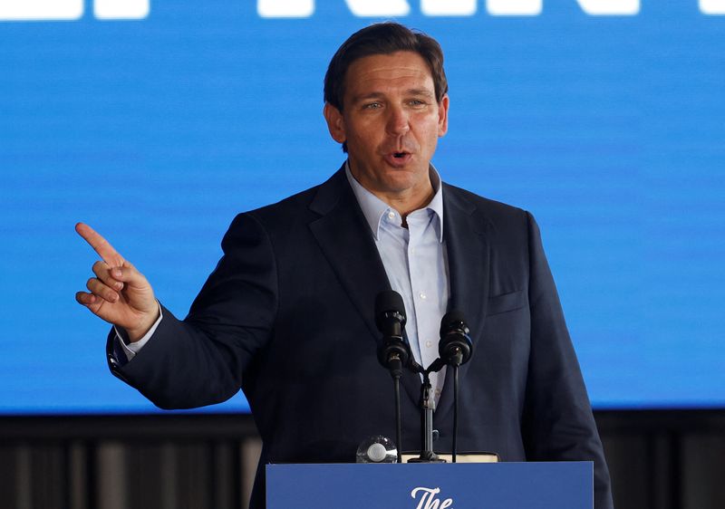 &copy; Reuters. FILE PHOTO: Florida Governor and likely 2024 Republican presidential candidate Ron DeSantis speaks as part of his Florida Blueprint tour in Pinellas Park, Florida, U.S. March 8, 2023.  REUTERS/Scott Audette