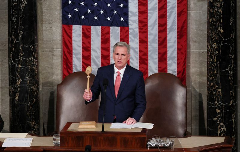 &copy; Reuters. FILE PHOTO: Speaker of the House Kevin McCarthy (R-CA) wields the speaker's gavel as members of Congress gather on the House floor to attend U.S. President Joe Biden's State of the Union address before a joint session of Congress in the House Chamber at t