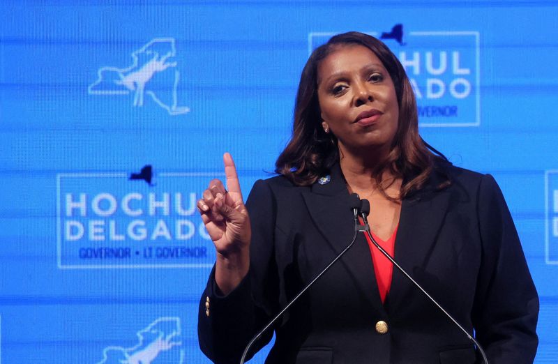 &copy; Reuters. FILE PHOTO: New York State Attorney General Letitia James attends a U.S. midterm election night party for New York Governor Democratic Kathy Hochul in New York, U.S. November 8, 2022.   REUTERS/Brendan McDermid/File Photo