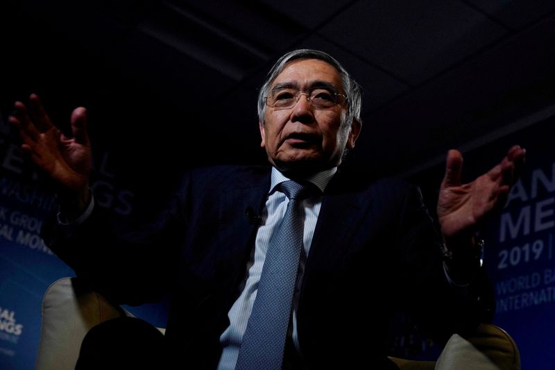 &copy; Reuters. FILE PHOTO: Bank of Japan (BOJ) Governor Haruhiko Kuroda, gestures as he replies a question during an interview with Reuters in Washington, U.S. October 19, 2019. REUTERS/Carlos Jasso/File Photo