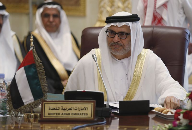 &copy; Reuters. المستشار الدبلوماسي لرئيس الإمارات أنور قرقاش خلال اجتماع بمجلس التعاون الخليجي في الرياض في صورة من أرشيف رويترز.
