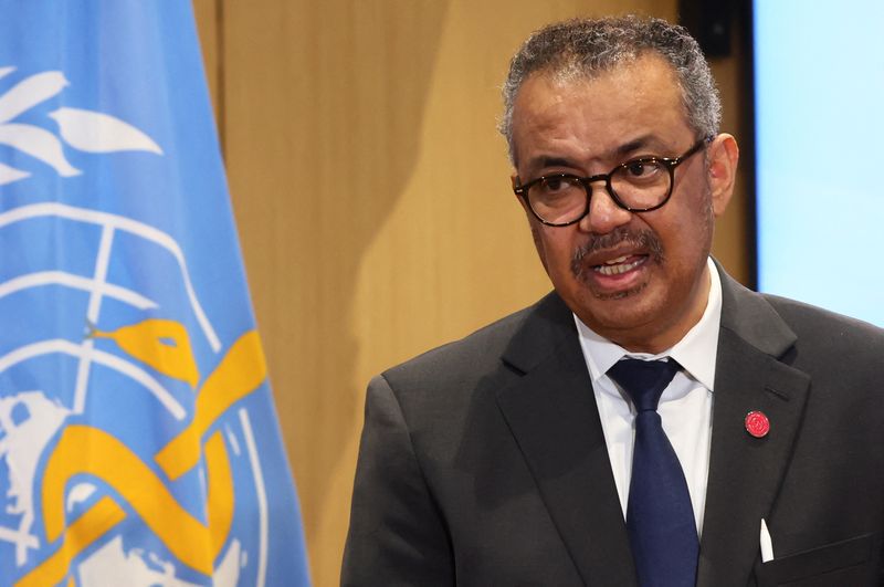 &copy; Reuters. FILE PHOTO: Director-General of the World Health Organisation (WHO) Dr. Tedros Adhanom Ghebreyesus gives a statement with German Health Minister Karl Lauterbach (not pictured) in Geneva, Switzerland, February 2, 2023. REUTERS/Denis Balibouse
