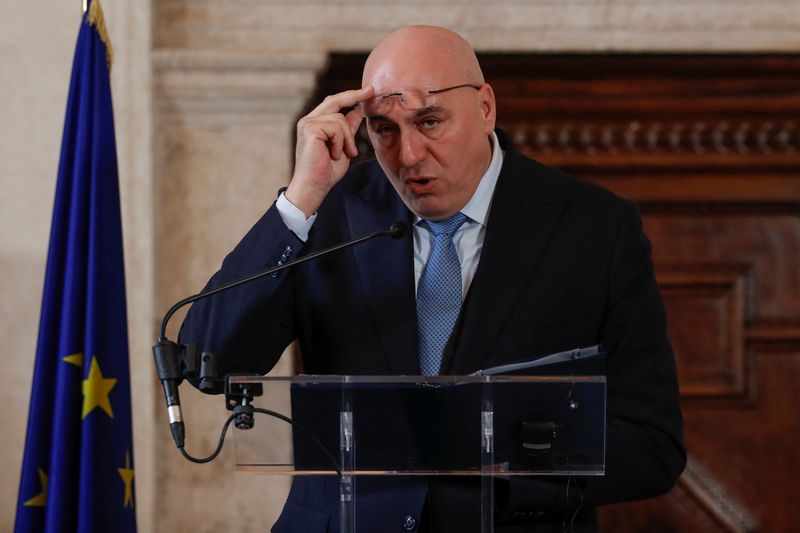 &copy; Reuters. FILE PHOTO: Italian Defence Minister Guido Crosetto speaks during a joint news conference with British Foreign Secretary James Cleverly, Italian Foreign Minister Antonio Tajani and British Defence Secretary Ben Wallace, in Rome, Italy February 9, 2023. RE