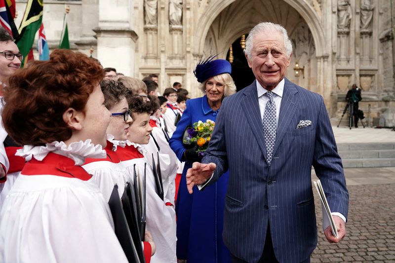 &copy; Reuters. Britain's King Charles and Camilla, Queen Consort, meets with choristers following the annual Commonwealth Day Service at Westminster Abbey in London, Britain. Picture date: Monday March 13, 2023.  Jordan Pettitt/Pool via REUTERS