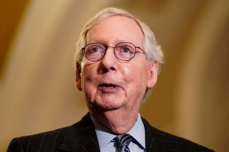 &copy; Reuters. FILE PHOTO: U.S. Senate Minority Leader Mitch McConnell (R-KY) speaks to reporters following the Senate Republicans weekly policy lunch at the U.S. Capitol in Washington, U.S., February 28, 2023. REUTERS/Elizabeth Frantz