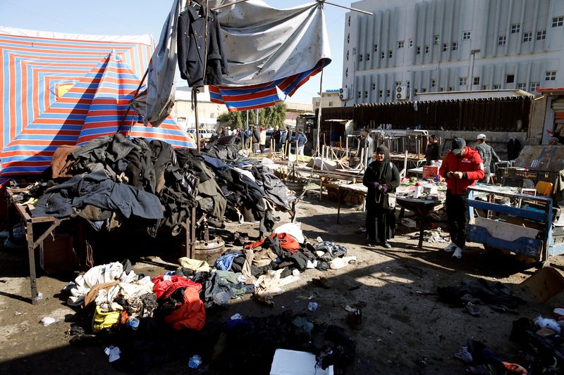 &copy; Reuters. FILE PHOTO: The site of a twin suicide bombing attack in a central market is seen in Baghdad, Iraq January 21, 2021. REUTERS/Thaier al-Sudani/File Photo