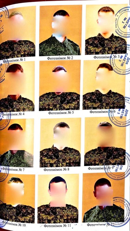 &copy; Reuters. A scan of a document with a lineup of 12 Russian soldiers suspected in a spree of sexual violence in the Brovary district on the outskirts of Kyiv, Ukraine in March 2022, compiled by Ukraine's Prosecutor General's war crimes office to help victims identif