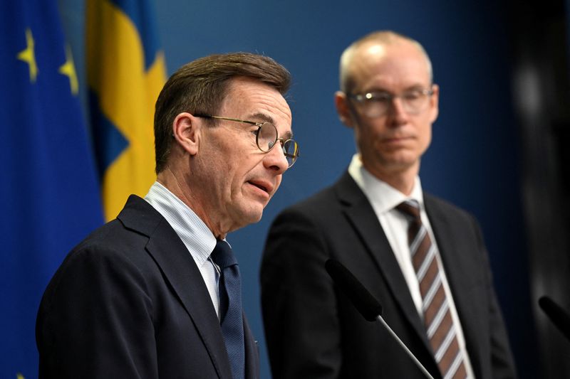 © Reuters. Premiê sueco, Ulf Kristersson, durante entrevista coletiva, em Estocolmo, Suécia 
14/03/2023
Fredrik Sandberg/TT News Agency/via REUTERS