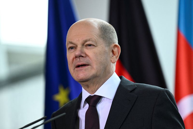 &copy; Reuters. German Chancellor Olaf Scholz speaks during a news conference with President of Azerbaijan Ilham Aliyev at the Chancellery in Berlin, Germany March 14, 2023. REUTERS/Annegret Hilse