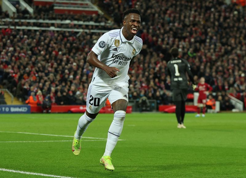 &copy; Reuters. Vinicius Jr. durante partida do Real Madrid contra o Liverpool pela Liga dos Campeões
21/02/2023 REUTERS/Phil Noble