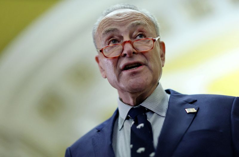 © Reuters. FILE PHOTO: U.S. Senate Majority Leader Chuck Schumer (D-NY) speaks to the news media after attending a closed Senate Democratic Caucus lunch at the U.S. Capitol in Washington, D.C., U.S., March 2, 2023. REUTERS/Leah Millis