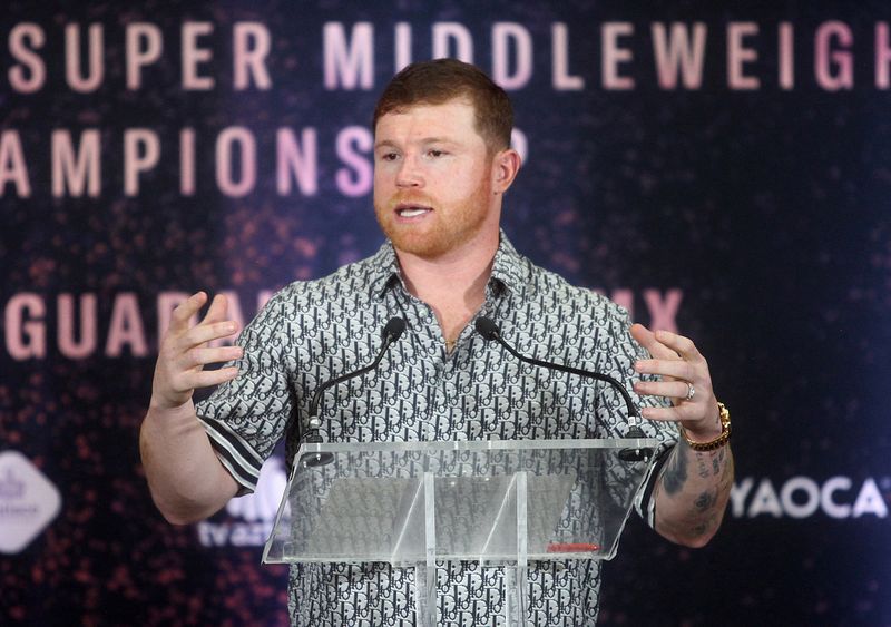 &copy; Reuters. Boxing - 'Canelo' Alvarez holds a news conference in his hometown - Estadio Akron, Guadalajara, Mexico - March 14, 2023 Saul 'Canelo' Alvarez during the press conference about his fight against John Ryder on May 6 in Guadalajara for the super middleweight