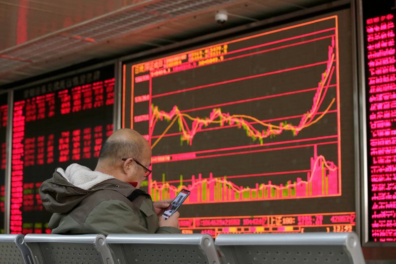 &copy; Reuters. FILE PHOTO: An investor looks at his mobile phone in front of a board showing stock information at a brokerage office in Beijing, China January 2, 2020. REUTERS/Jason Lee/File Photo