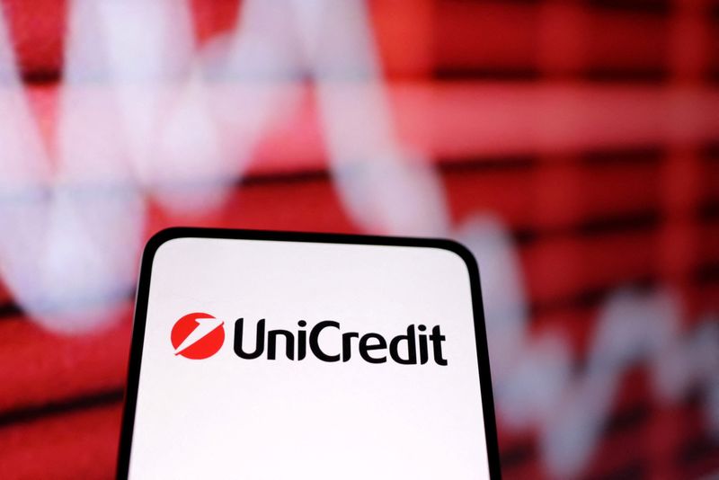 &copy; Reuters. Unicredit bank logo and decreasing stock graph are seen in this illustration taken March 12, 2023. REUTERS/Dado Ruvic/Illustration