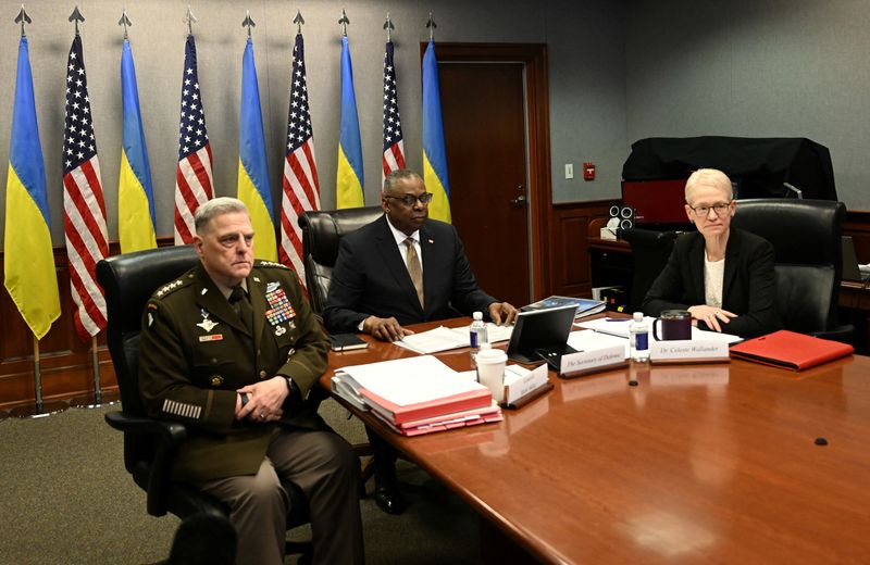 &copy; Reuters. U.S. Chairman of the Joint Chiefs of Staff General Mark Milley, U.S. Defense Secretary Lloyd Austin and U.S. Assistant Secretary of Defense for International Security Affairs Celeste Wallander attend a virtual meeting of Ukraine Defense Contact Group, at 