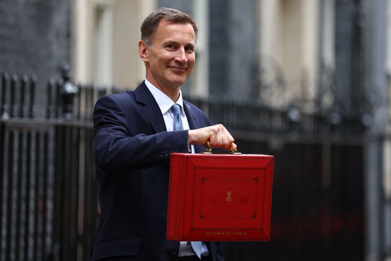 &copy; Reuters. Britain's Chancellor of the Exchequer Jeremy Hunt holds the budget box as he poses for pictures at Downing Street in London, Britain March 15, 2023. REUTERS/Hannah McKay