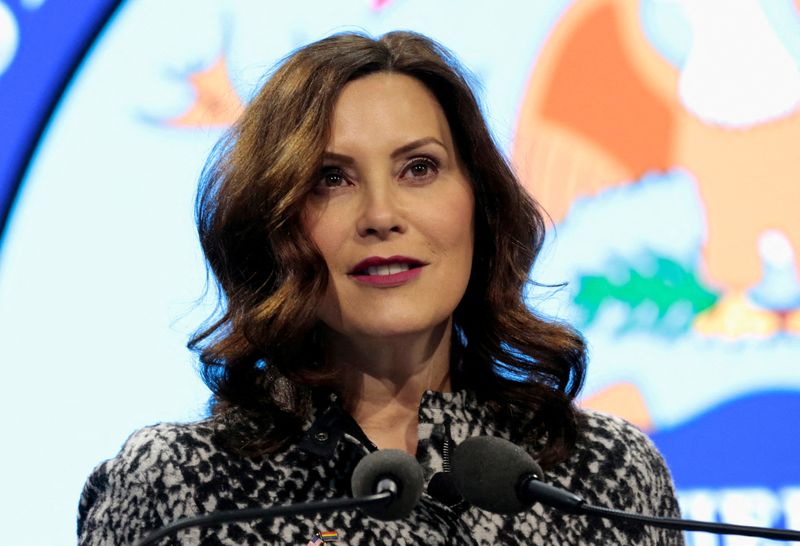 &copy; Reuters. FILE PHOTO: Michigan Governor Gretchen Whitmer addresses the attendees during a press conference in Romulus, Michigan U.S., February 13, 2023.   REUTERS/Rebecca Cook