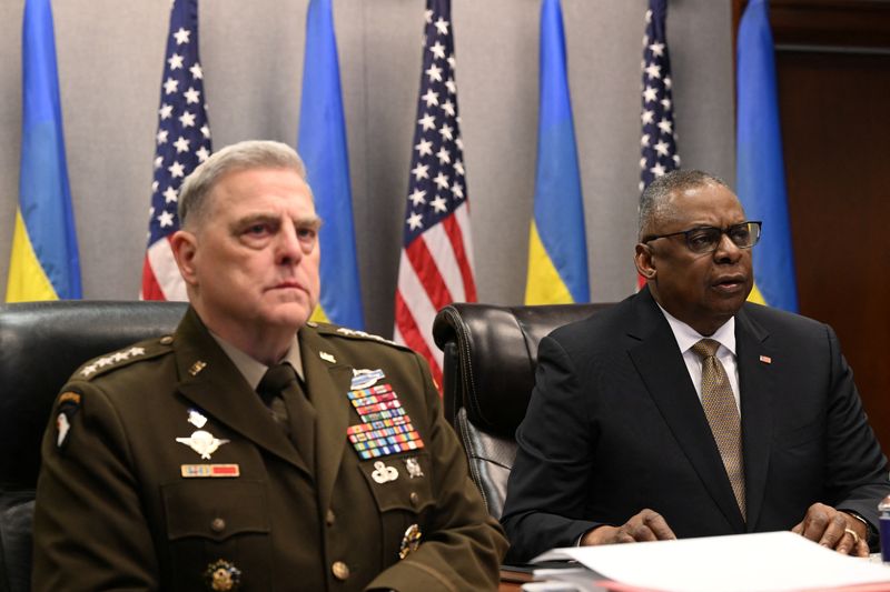 &copy; Reuters. U.S. Chairman of the Joint Chiefs of Staff General Mark Milley and U.S. Defense Secretary Lloyd Austin attend a virtual meeting of Ukraine Defense Contact Group, at the Pentagon in Washington, U.S. March 15, 2023. Andrew Caballero-Reynolds/Pool via REUTER