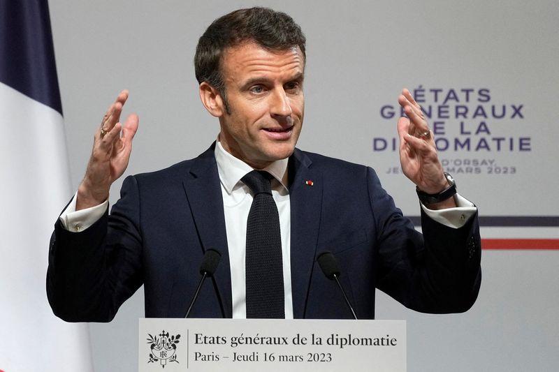 &copy; Reuters. French President Emmanuel Macron delivers his speech during the National Roundtable on Diplomacy at the foreign ministry in Paris, Thursday, March 16, 2023. Michel Euler/Pool via REUTERS