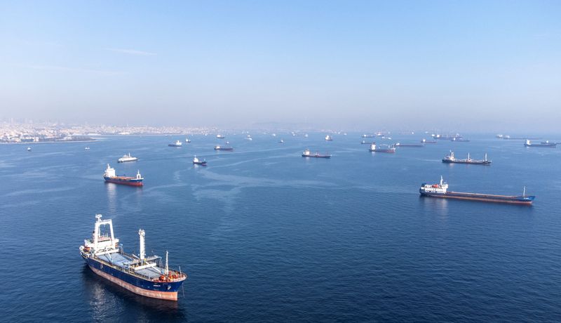 &copy; Reuters. FOTO DE ARCHIVO. Buques comerciales, incluidos los buques que forman parte del acuerdo de grano del mar Negro, esperan para pasar el estrecho del Bósforo frente a las costas de Yenikapi durante una mañana brumosa en Estambul, Turquía. 31 de octubre de 