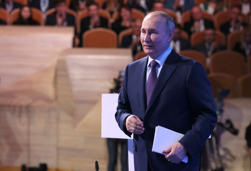 &copy; Reuters. FILE PHOTO: Russia's President Vladimir Putin attends a forum of the Russian Union of Industrialists and Entrepreneurs (RSPP) in Moscow, Russia, March 16, 2023. Sputnik/Mikhail Metzel/Pool via REUTERS 