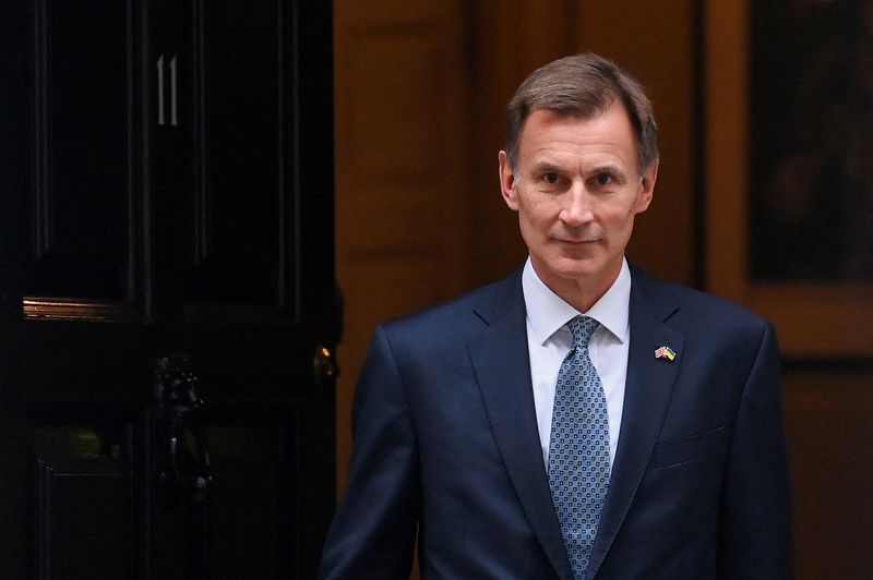 &copy; Reuters. FILE PHOTO: Britain's Chancellor of the Exchequer Jeremy Hunt walks at Downing Street in London, Britain, November 17, 2022. REUTERS/Toby Melville/File Photo
