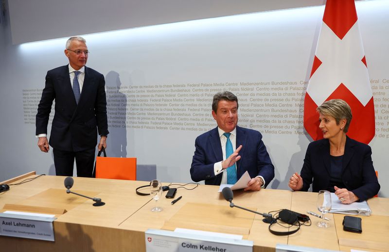 &copy; Reuters. Chairman of the Board of Directors of Credit Suisse, Axel Lehmann, Chairman of the Board of Directors of UBS, Colm Kelleher and Federal Councillor and chief of the finance federal department Karin Keller-Sutter attend a news conference on Credit Suisse af