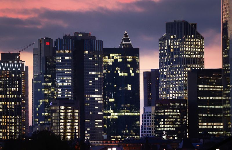 &copy; Reuters. FILE PHOTO: The skyline with its office buildings and the banking district are photographed during sunset as the spread of the coronavirus disease (COVID-19) continues and the German government plans new pandemic control measures in Frankfurt, Germany, No