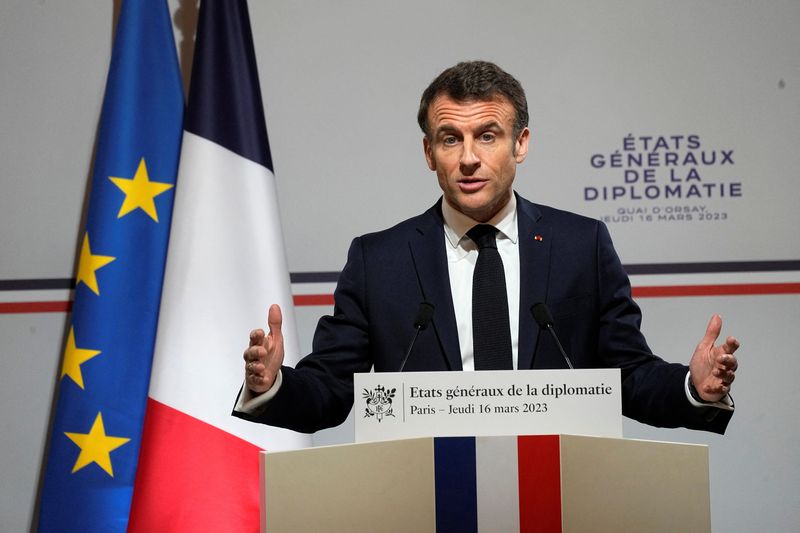 &copy; Reuters. FILE PHOTO: French President Emmanuel Macron delivers his speech during the National Roundtable on Diplomacy at the foreign ministry in Paris, Thursday, March 16, 2023. Michel Euler/Pool via REUTERS