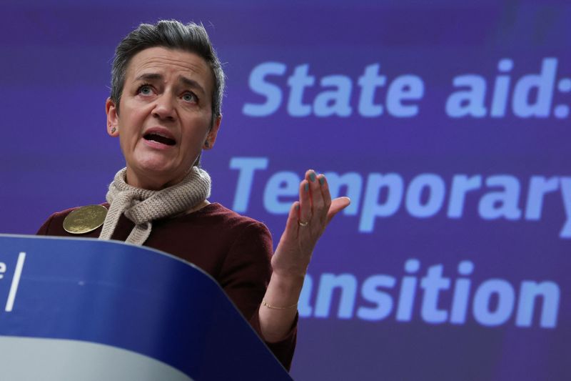 &copy; Reuters. FILE PHOTO: European Commission Vice President Margrethe Vestager speaks during a news conference in Brussels, Belgium February 1, 2023. REUTERS/Yves Herman