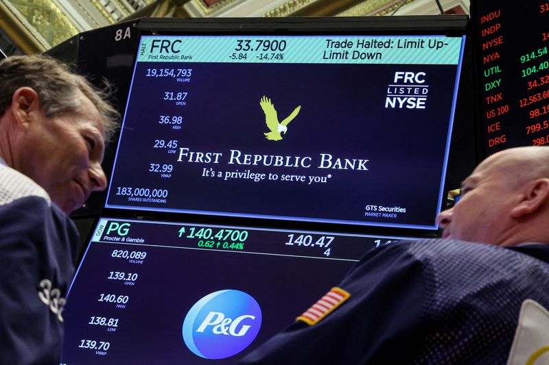&copy; Reuters. FILE PHOTO: Traders gather at the post where First Republic Bank as the stock is halted from being traded on the floor of the New York Stock Exchange (NYSE) in New York City, U.S., March 15, 2023.  REUTERS/Brendan McDermid