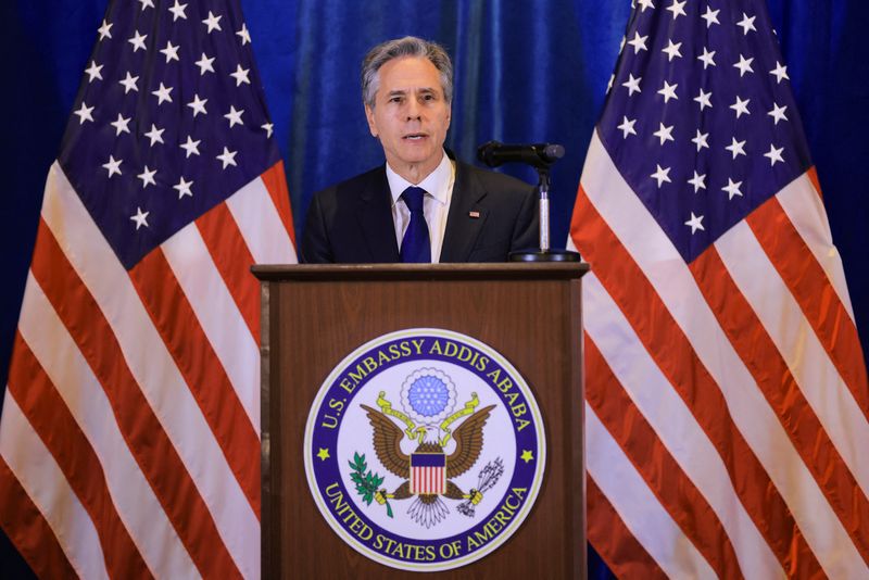 &copy; Reuters. FILE PHOTO: U.S. Secretary of State Antony Blinken attends a news conference during his visit to Ethiopia, in Addis Ababa, Ethiopia March 15, 2023. REUTERS/Tiksa Negeri/Pool