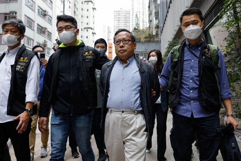 &copy; Reuters. Former Vice-Chairman of the Hong Kong Alliance in Support of Patriotic Democratic Movements of China, Albert Ho, walks after his arrest by police, in Hong Kong, China March 21, 2023. REUTERS/Tyrone Siu