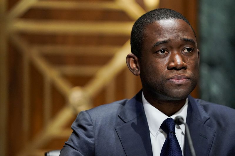 &copy; Reuters. FILE PHOTO: Economist Adewale "Wally" Adeyemo listens to questions during his Senate Finance Committee nomination hearing to be Deputy Secretary of the Treasury in the Dirksen Senate Office Building, in Washington, D.C., U.S., February 23, 2021. Greg Nash