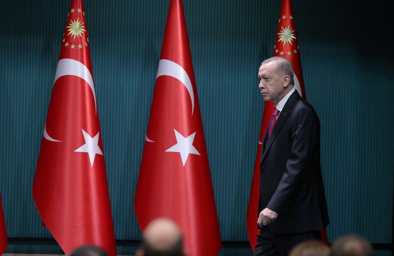 &copy; Reuters. Turkish President Tayyip Erdogan arrives to sign the election decision in Ankara, Turkey March 10, 2023.?Presidential Press Office/Handout via REUTERS