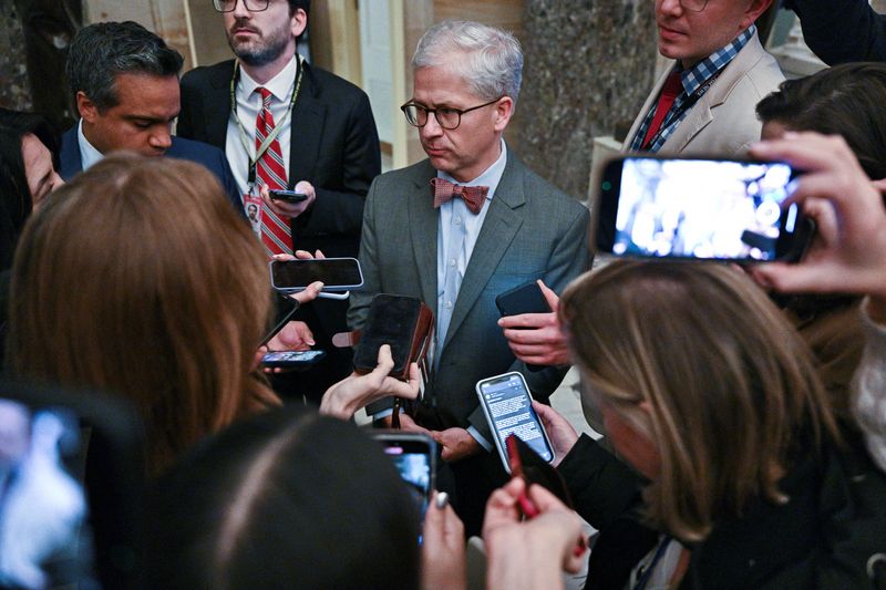 &copy; Reuters. FILE PHOTO: Rep. Patrick McHenry (R-NC) speaks with reporters in Statuary Hall after Republican Leader Kevin McCarthy (R-CA) was elected the new Speaker of the U.S. House of Representatives in a late night 15th round of voting on the fourth day of the 118