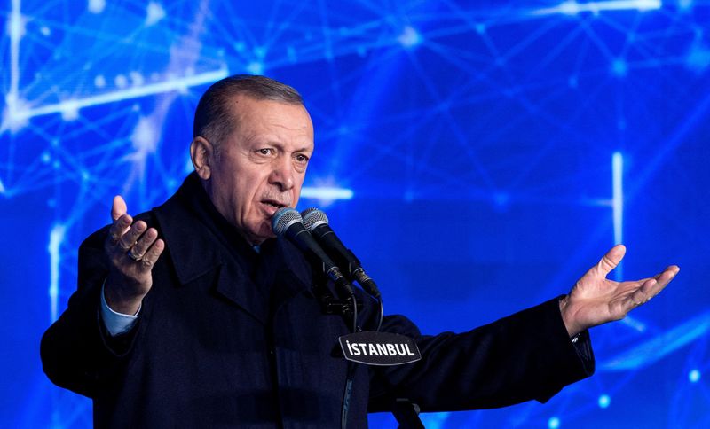 &copy; Reuters. FILE PHOTO: Turkish President Tayyip Erdogan attends a ceremony to mark an increase in capacity at a natural gas storage facility in Silivri near Istanbul, Turkey, December 16, 2022. REUTERS/Umit Bektas