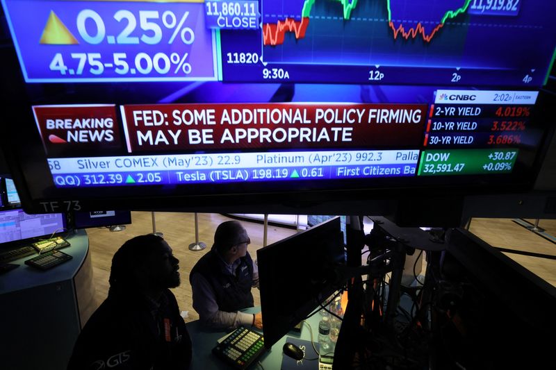 &copy; Reuters. Operadores em Nova York reagem ao anúncio do Fed sobre alta de juros
22/03/2023
REUTERS/Brendan McDermid