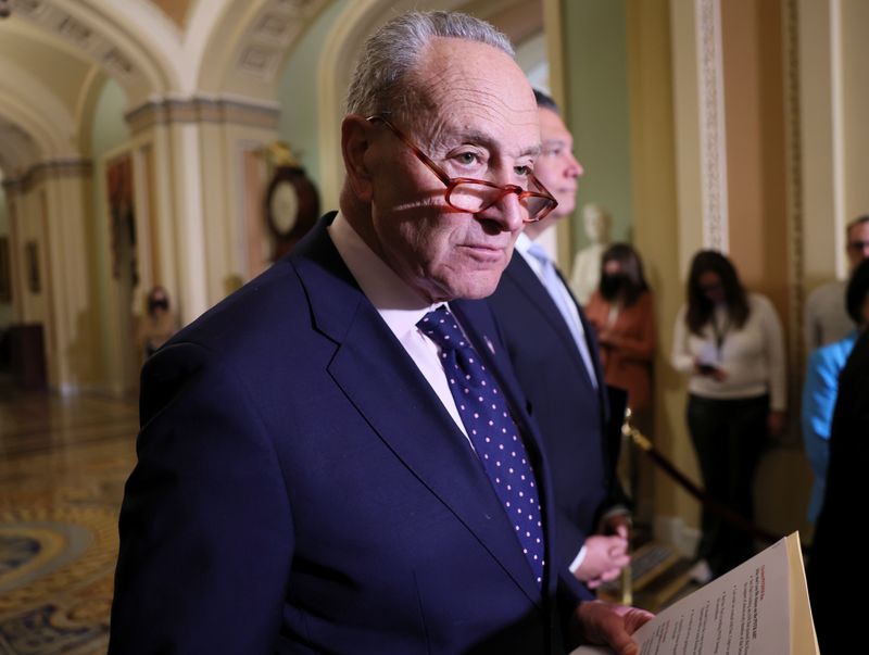 &copy; Reuters. FILE PHOTO: U.S. Senate Majority Leader Chuck Schumer (D-NY) faces reporters following the weekly Senate Democratic lunch on Capitol Hill in Washington, U.S., March 29, 2022. REUTERS/Evelyn Hockstein
