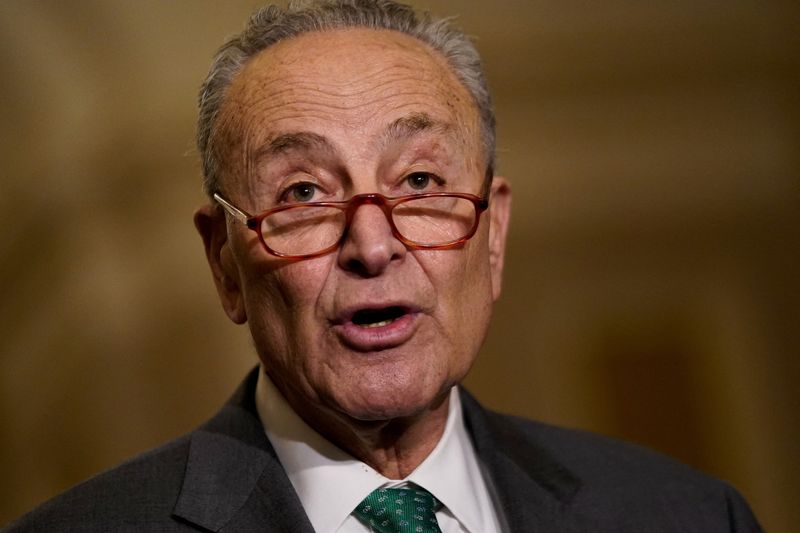 &copy; Reuters. FILE PHOTO: U.S. Senate Majority Leader Chuck Schumer (D-NY) speaks to reporters following the Senate Democrats weekly policy lunch at the U.S. Capitol in Washington, U.S., March 15, 2023. REUTERS/Elizabeth Frantz/File Photo
